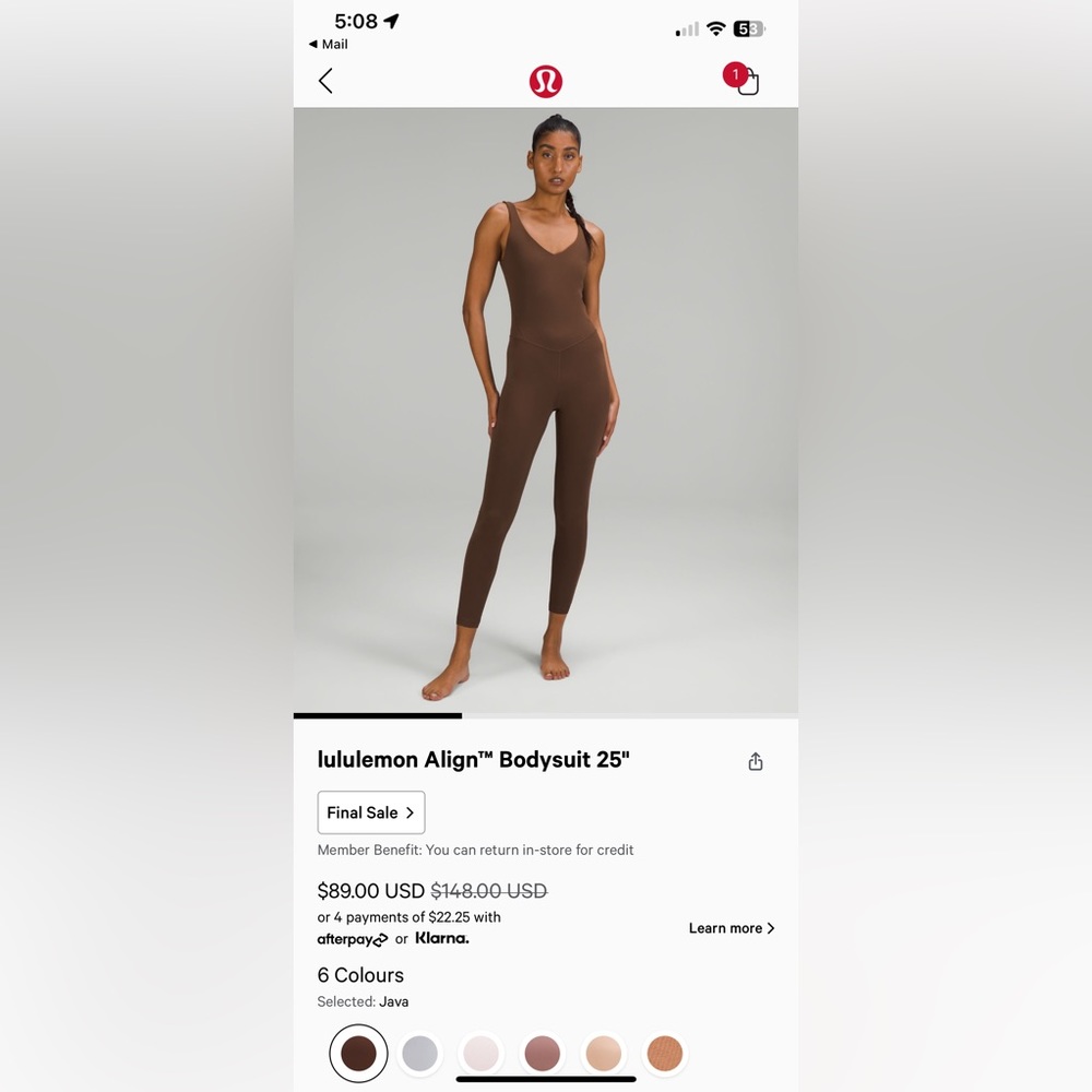 Lululemon Align Bodysuit 25 inches Size 2 Java